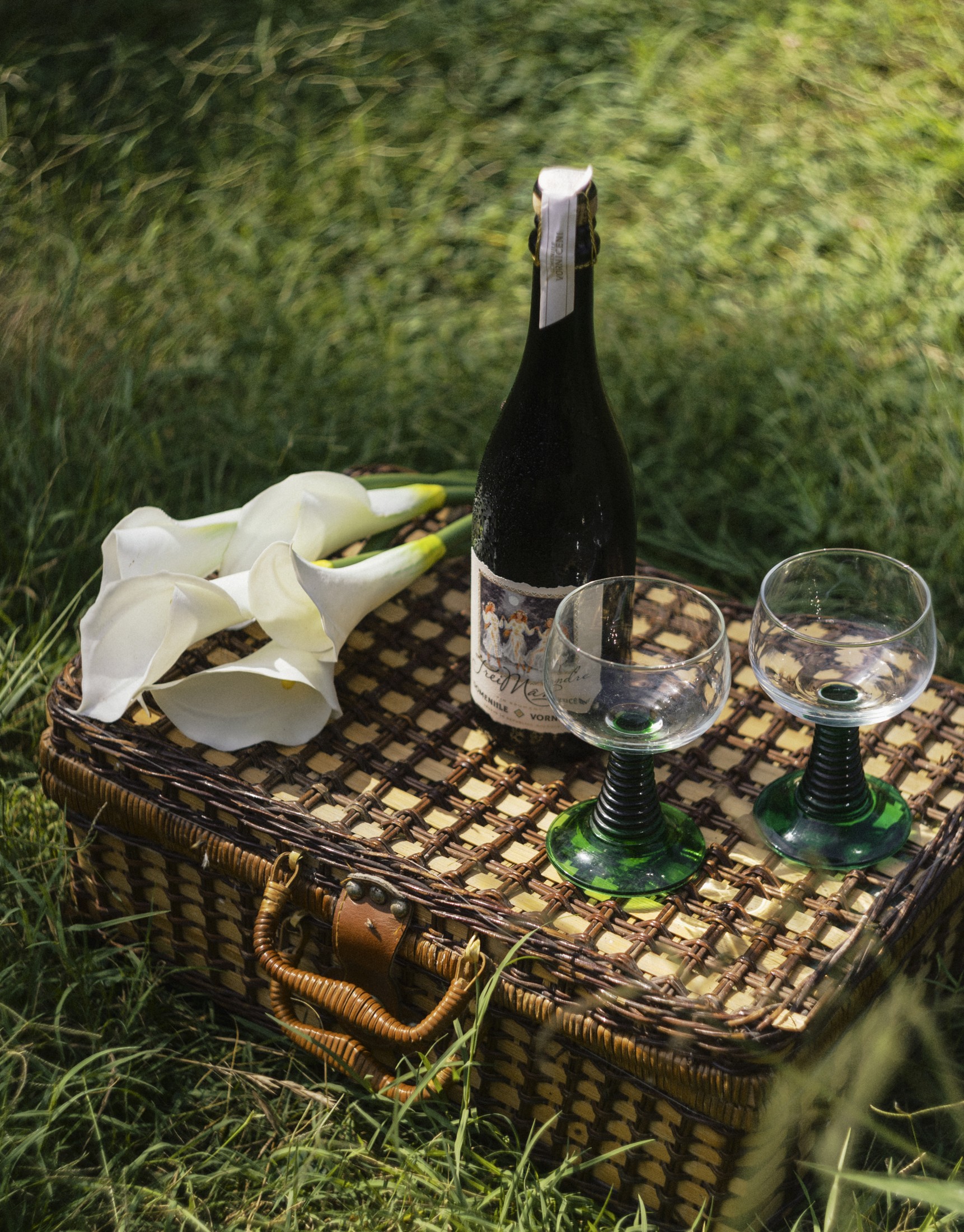 Styled picnic basket with wine bottle, glasses and an animal skull on the grass